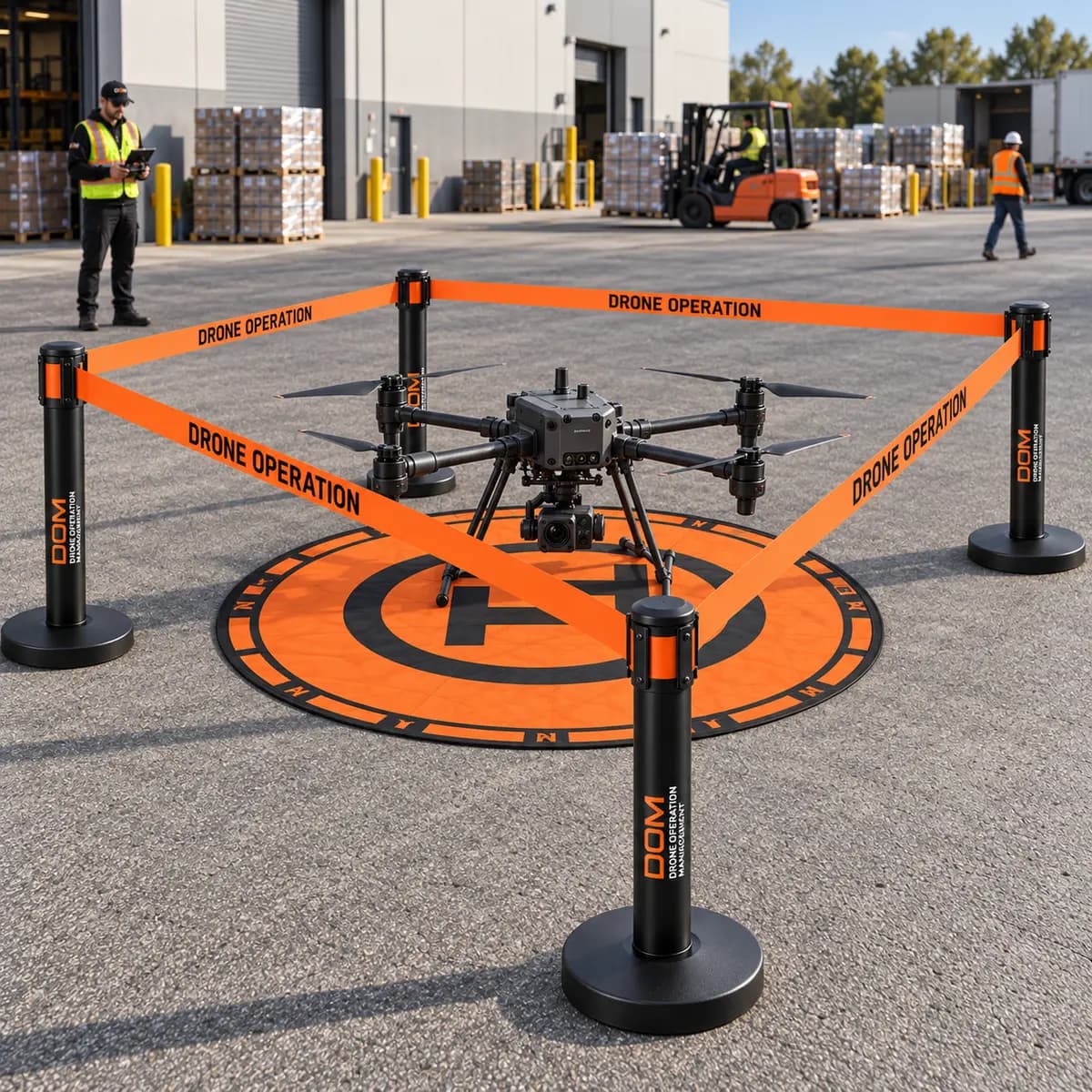 Four-post protected large-drone landing zone