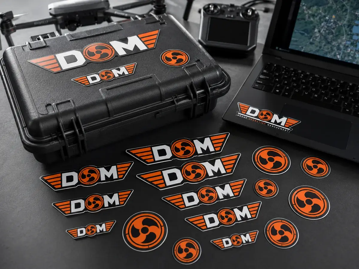 Assorted DOM die-cut stickers and decals for drone equipment