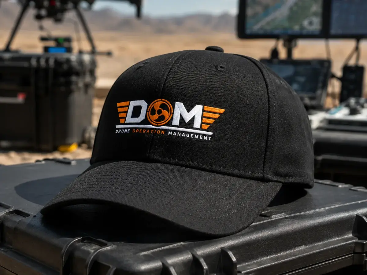DOM embroidered black performance cap on a drone equipment case