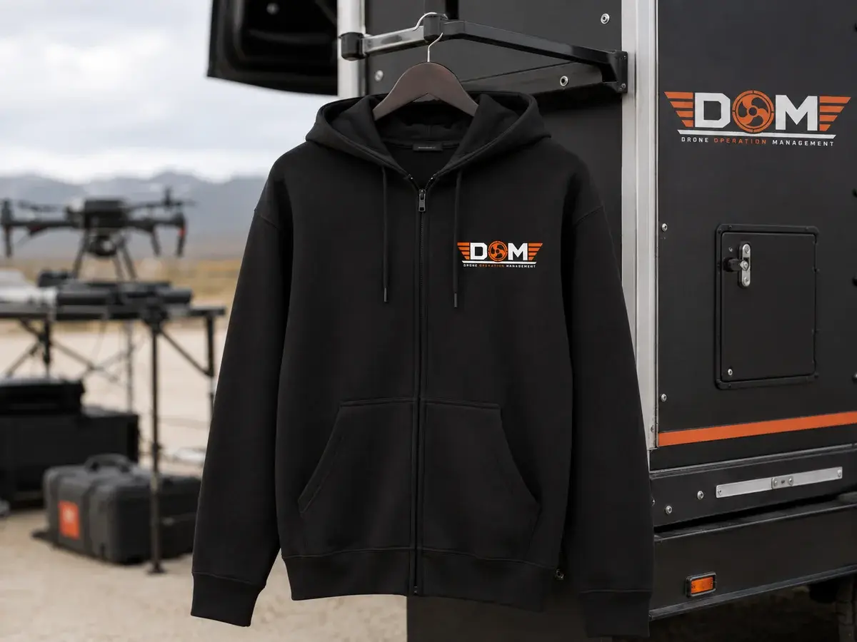 DOM branded black zip hoodie displayed beside a drone field trailer
