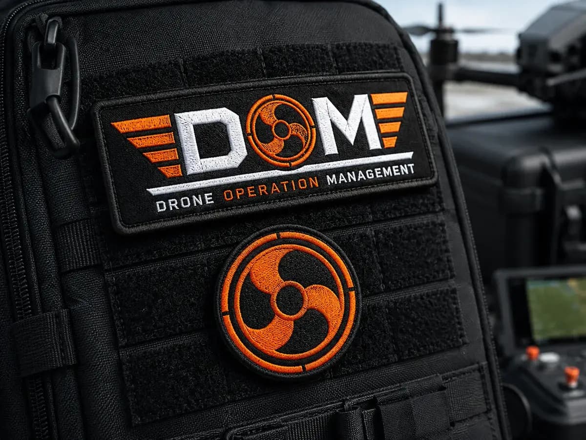 DOM embroidered rectangular and circular patches on a tactical drone bag