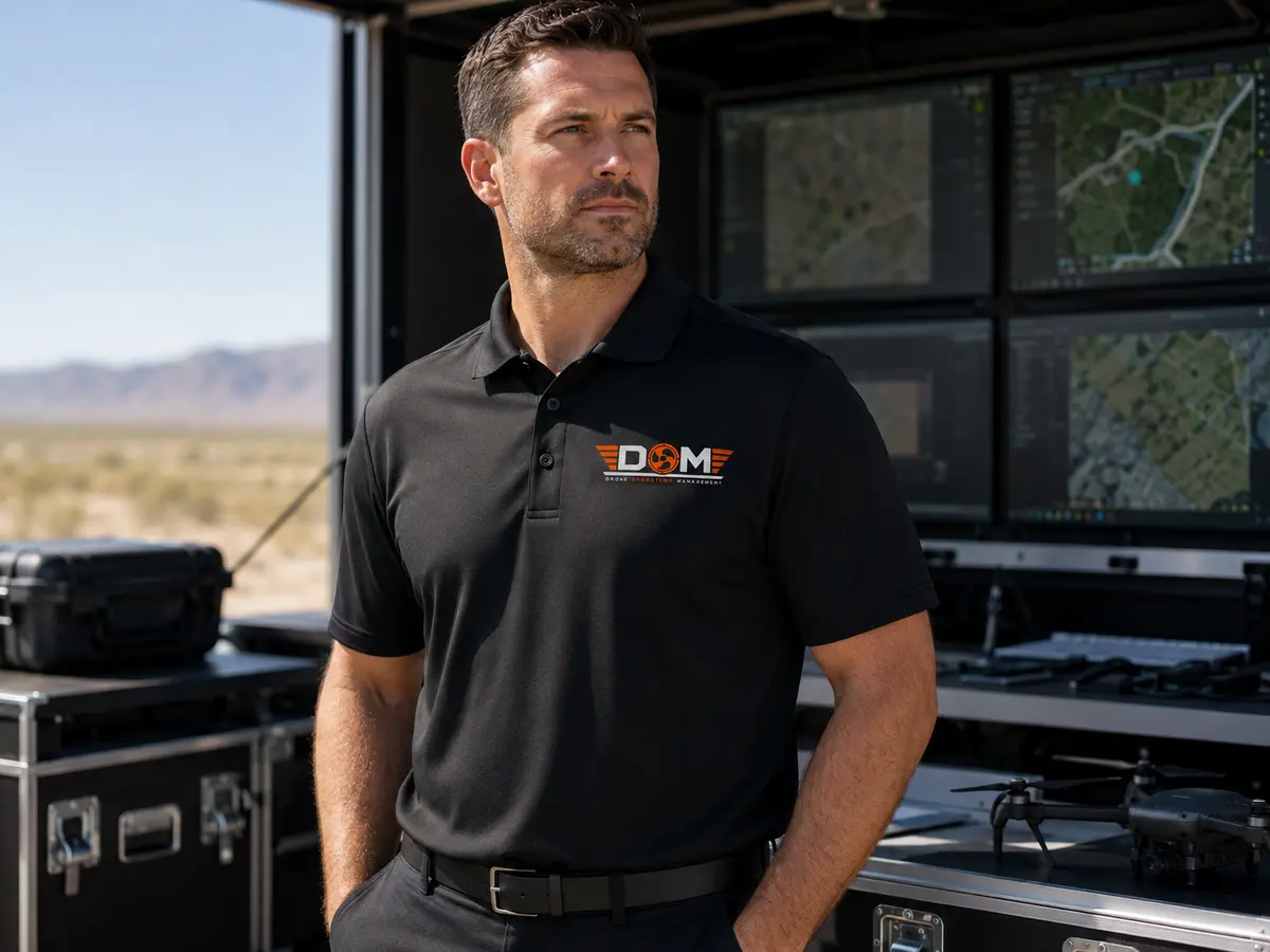 DOM branded performance polo worn at a professional drone command station