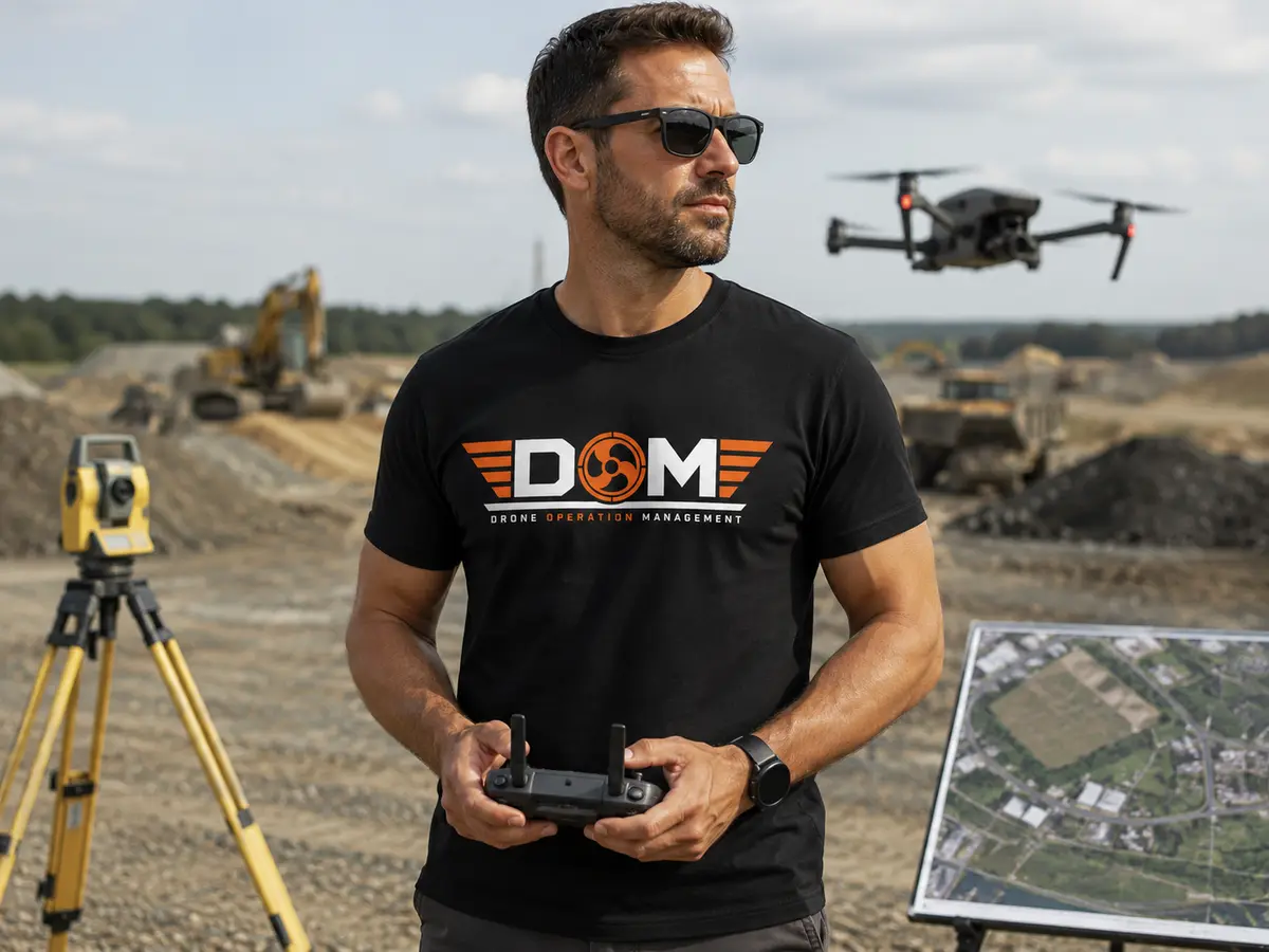 DOM branded black crew-neck T-shirt worn during a commercial drone mapping operation