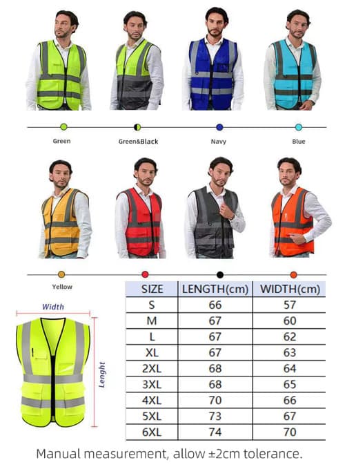 Safety vest size chart for sizes small through extra large