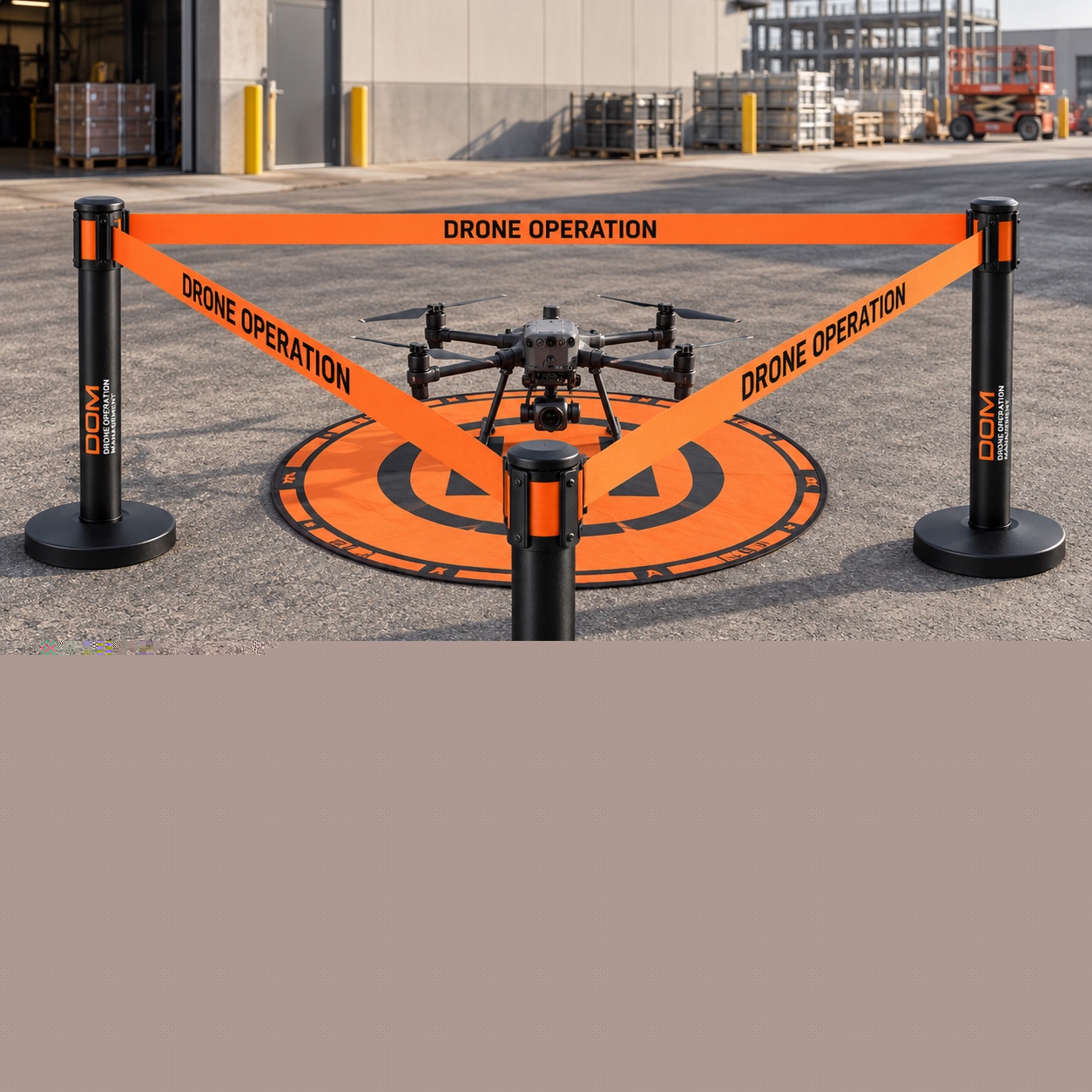 Portable drone landing pad inside a DOM safety barrier perimeter